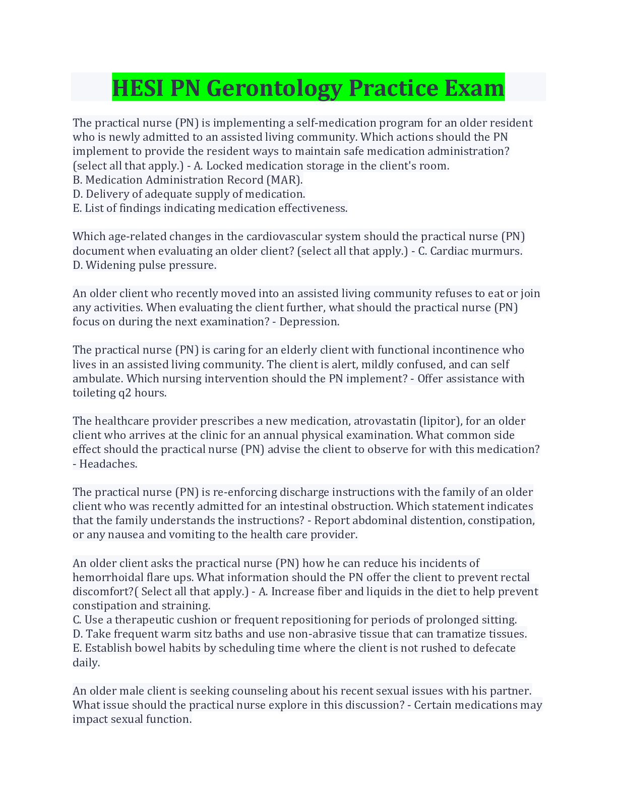 Preview image for HESI PN Gerontology Practice Exam/50 Questions and Answers.